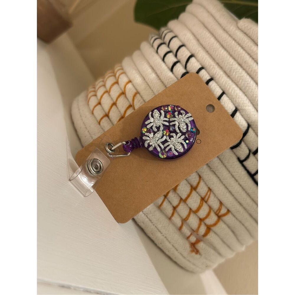 Purple Rhinestone Creepy Crawly Spider Badge Reel Badge Holder